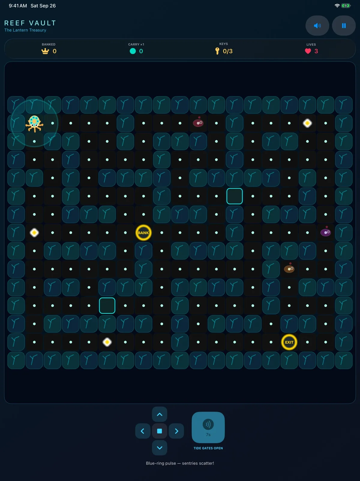 Reef Vault's underwater maze and BANK tile, from its iPad App Store screenshot