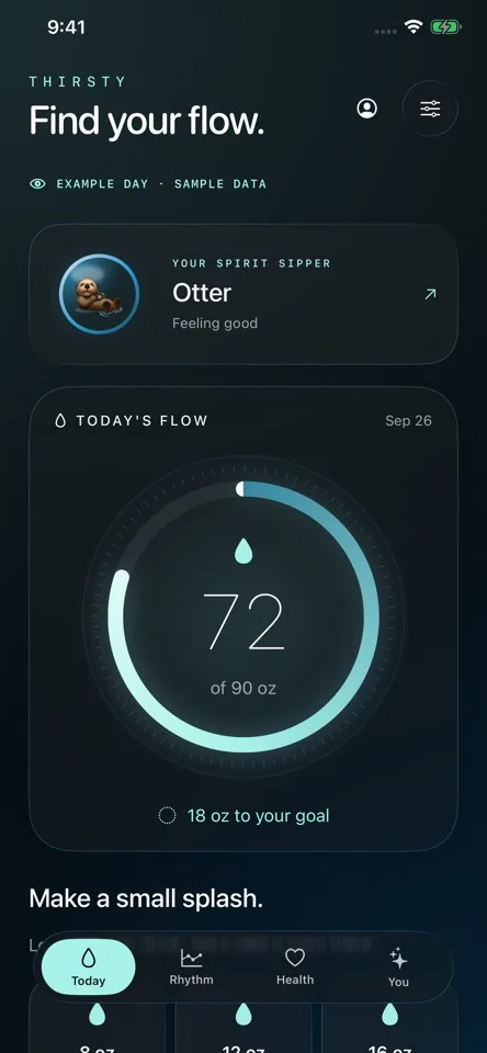 Thirsty Day App Store screenshot showing the daily water progress ring and an otter companion